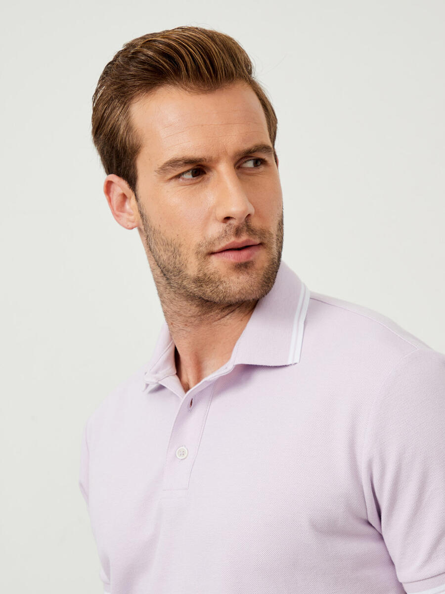 Lila Slim Fit Pamuklu Polo Yaka Basic Tişört
