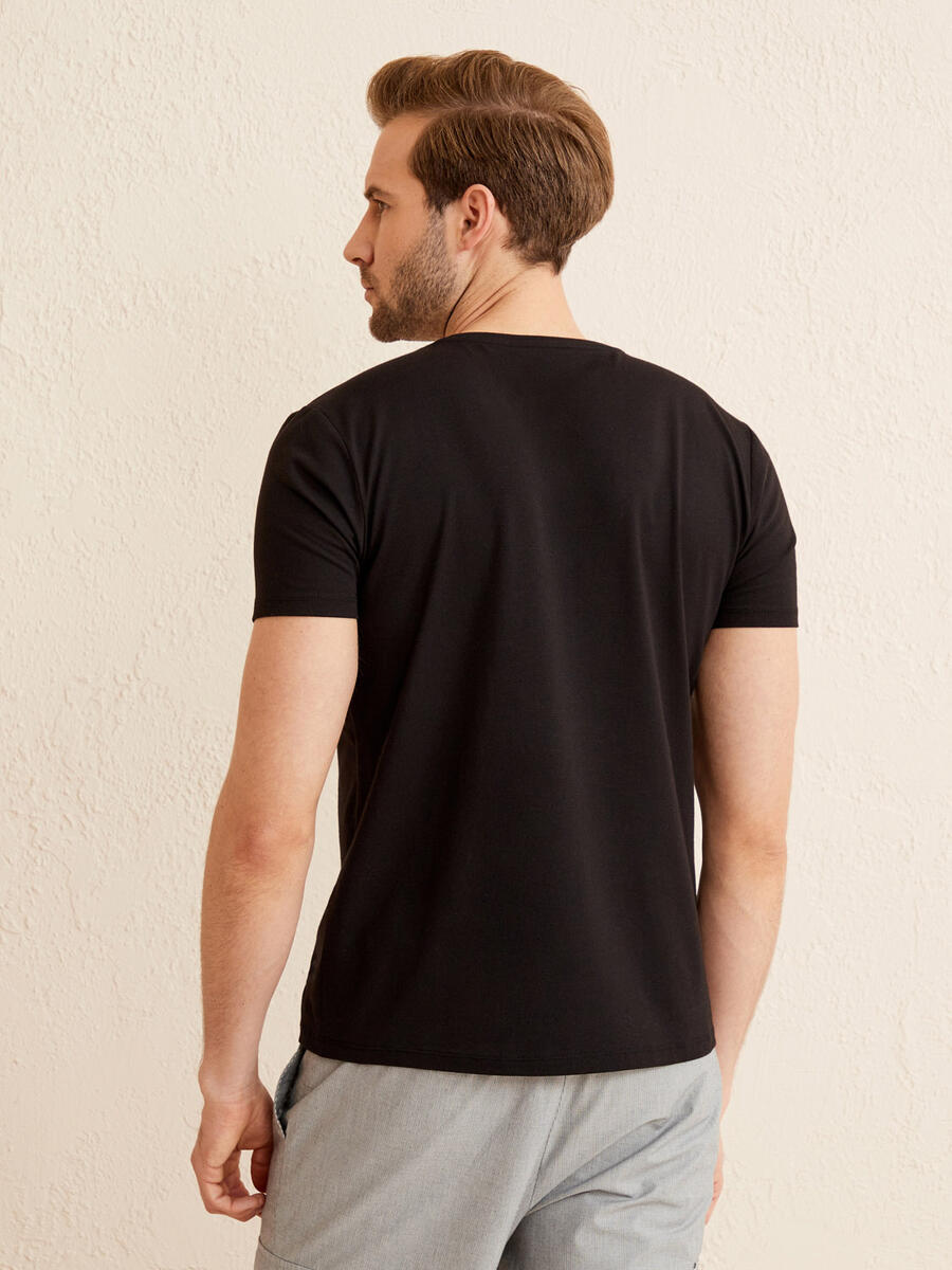 Siyah Slim Fit Pamuklu Tişört - 4