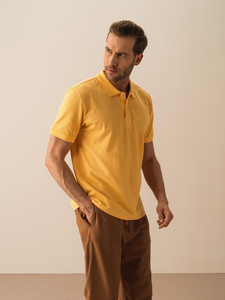 Sarı Regular Fit Pamuklu Polo Yaka Basic Tişört