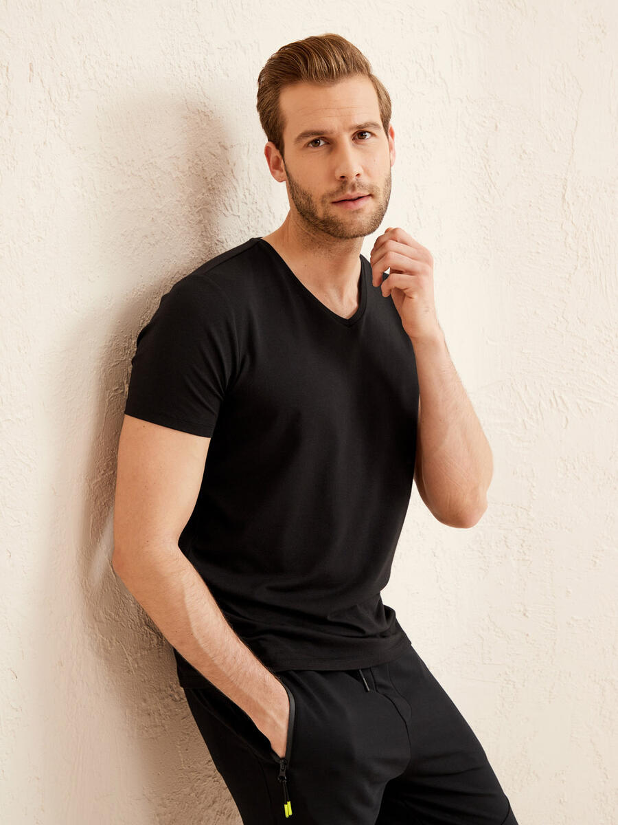 Siyah Slim Fit Pamuklu Basic Tişört - 4