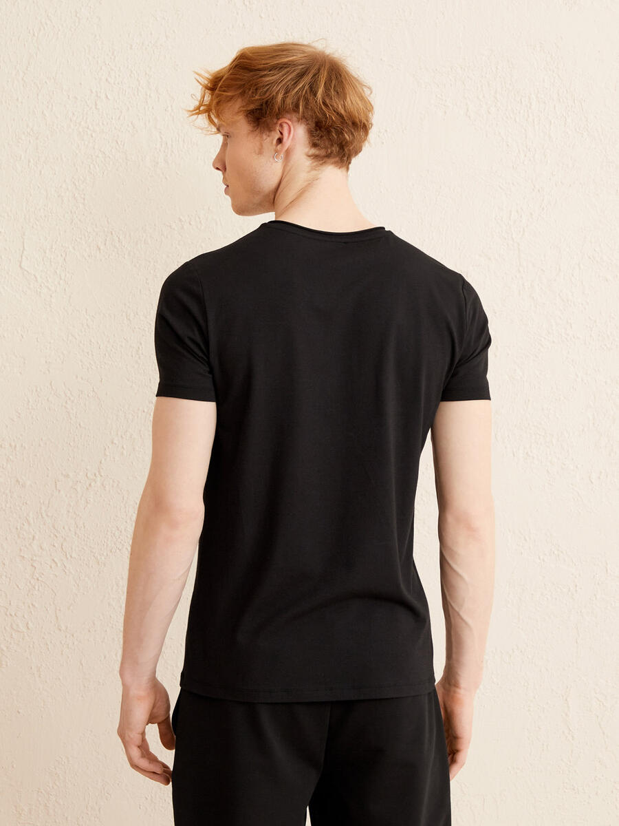 Siyah Slim Fit Pamuklu Tişört - 4