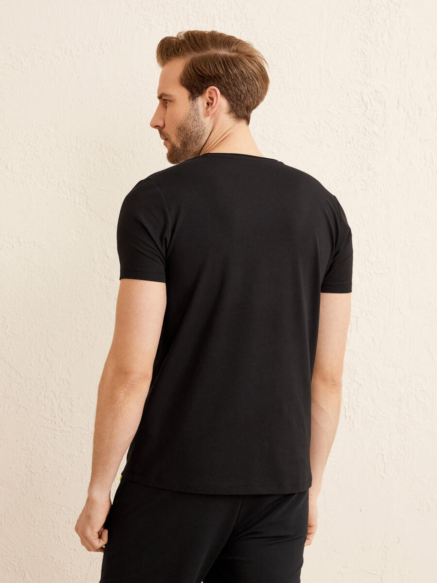 Siyah Slim Fit Pamuklu Basic Tişört - 4