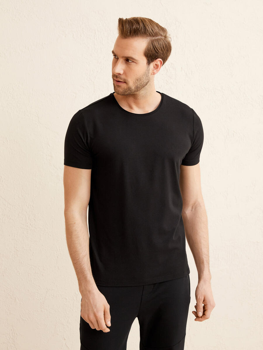 Siyah Slim Fit Pamuklu Basic Tişört - 3