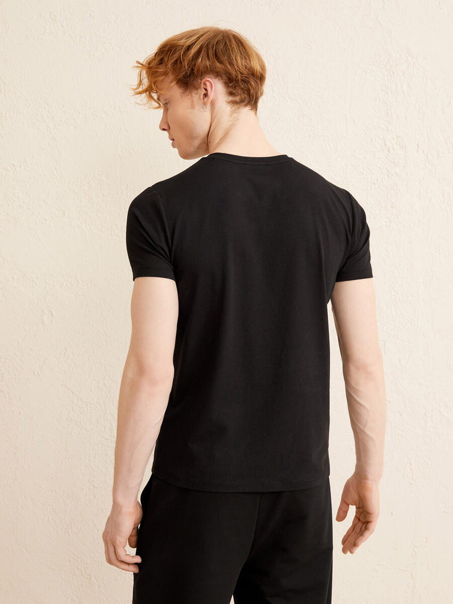 Siyah Slim Fit Pamuklu Basic Tişört - 4