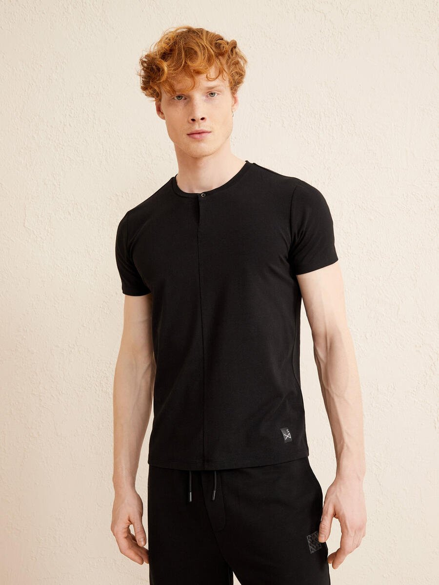 Siyah Slim Fit Pamuklu Basic Tişört - 3