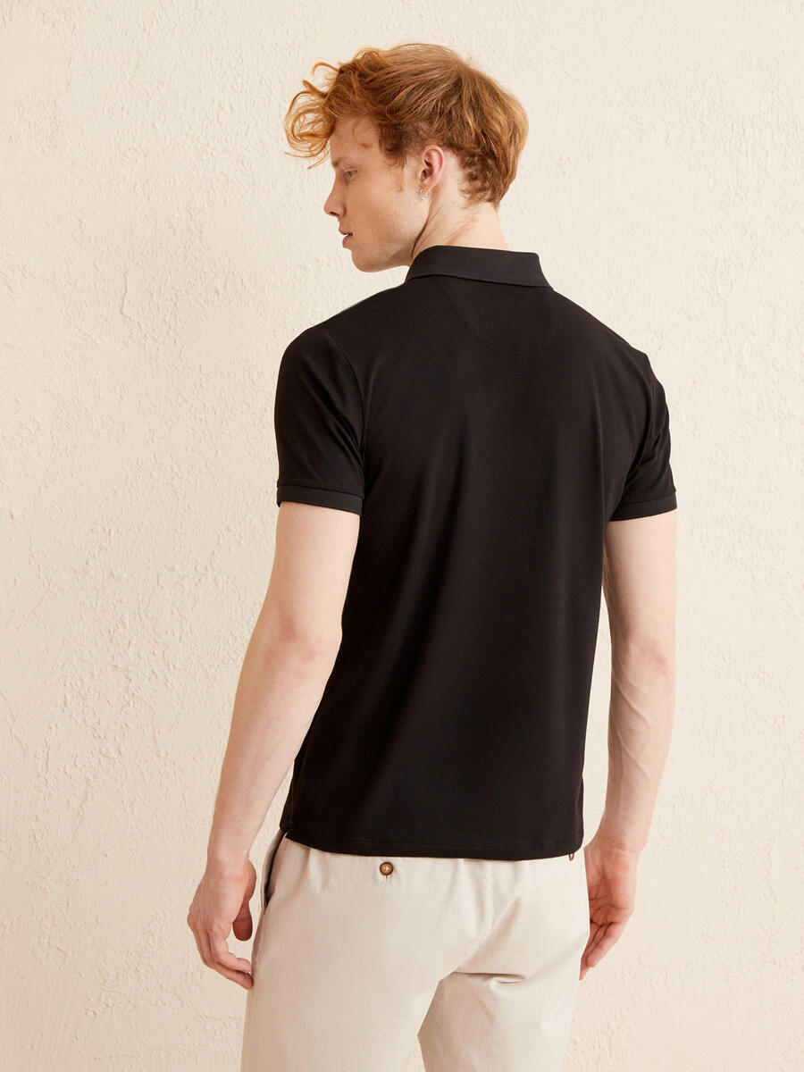 Siyah Slim Fit Pamuklu Tişört - 4