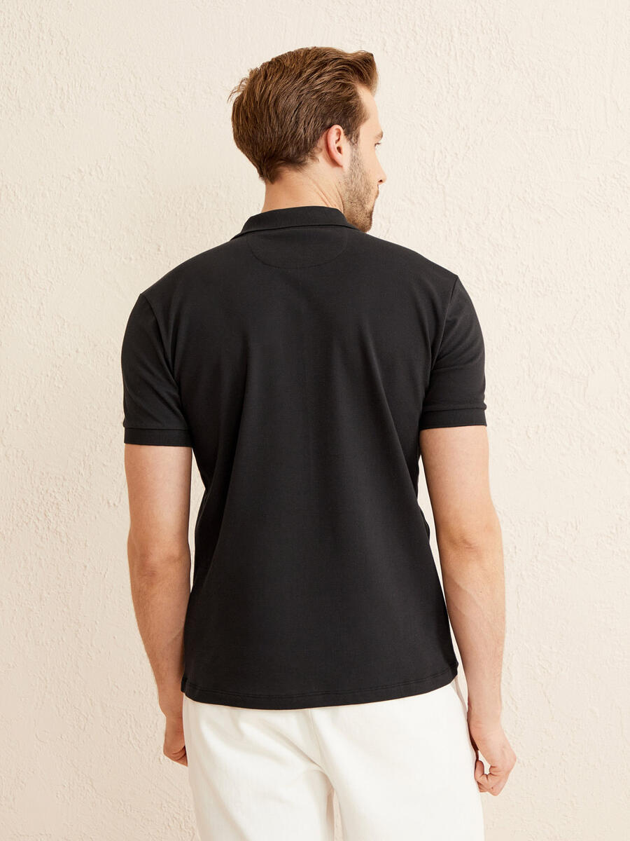 Siyah Slim Fit Pamuklu Polo Yaka Basic Tişört - 4