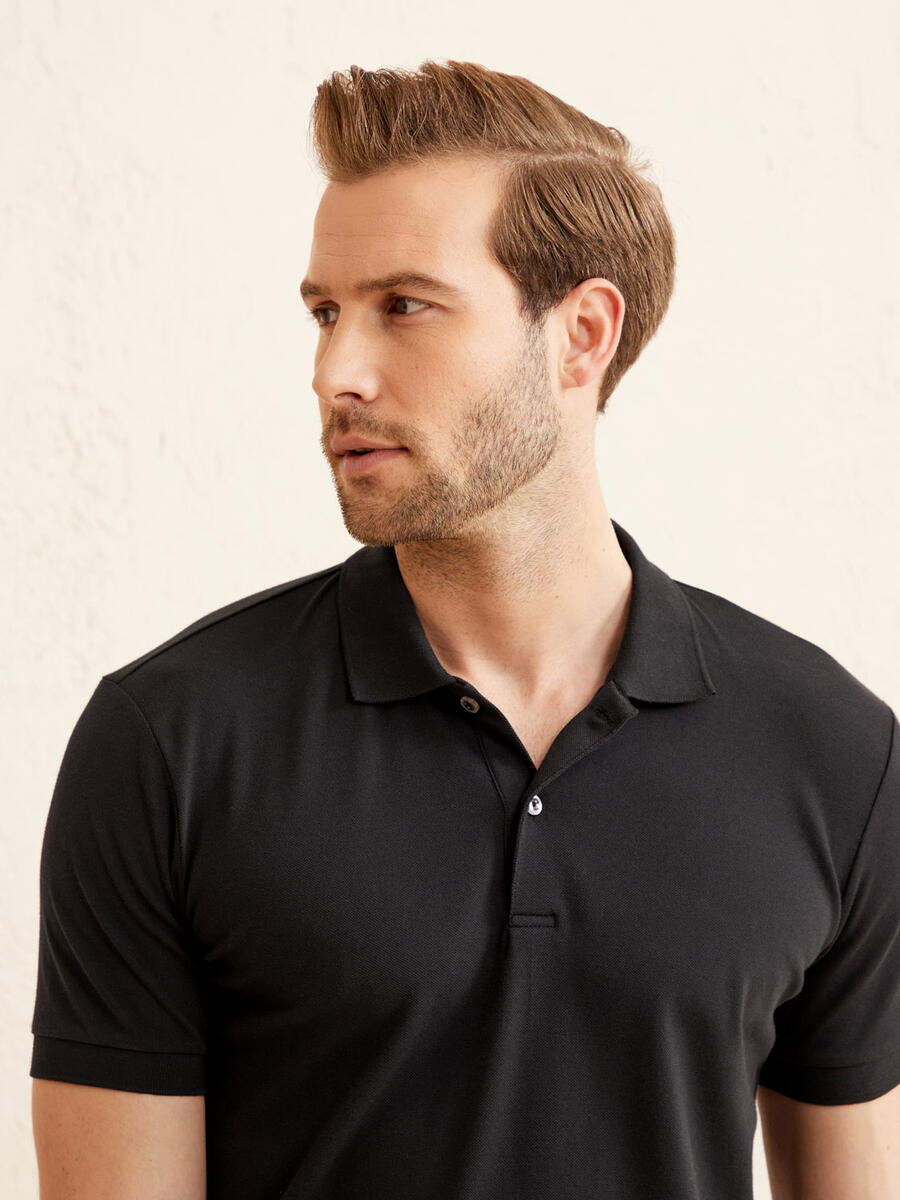 Siyah Slim Fit Pamuklu Polo Yaka Basic Tişört - 2