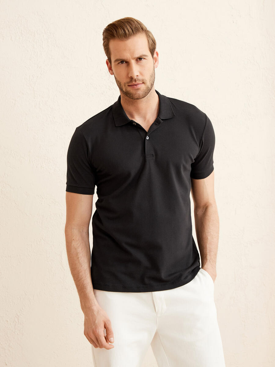 Siyah Slim Fit Pamuklu Polo Yaka Basic Tişört