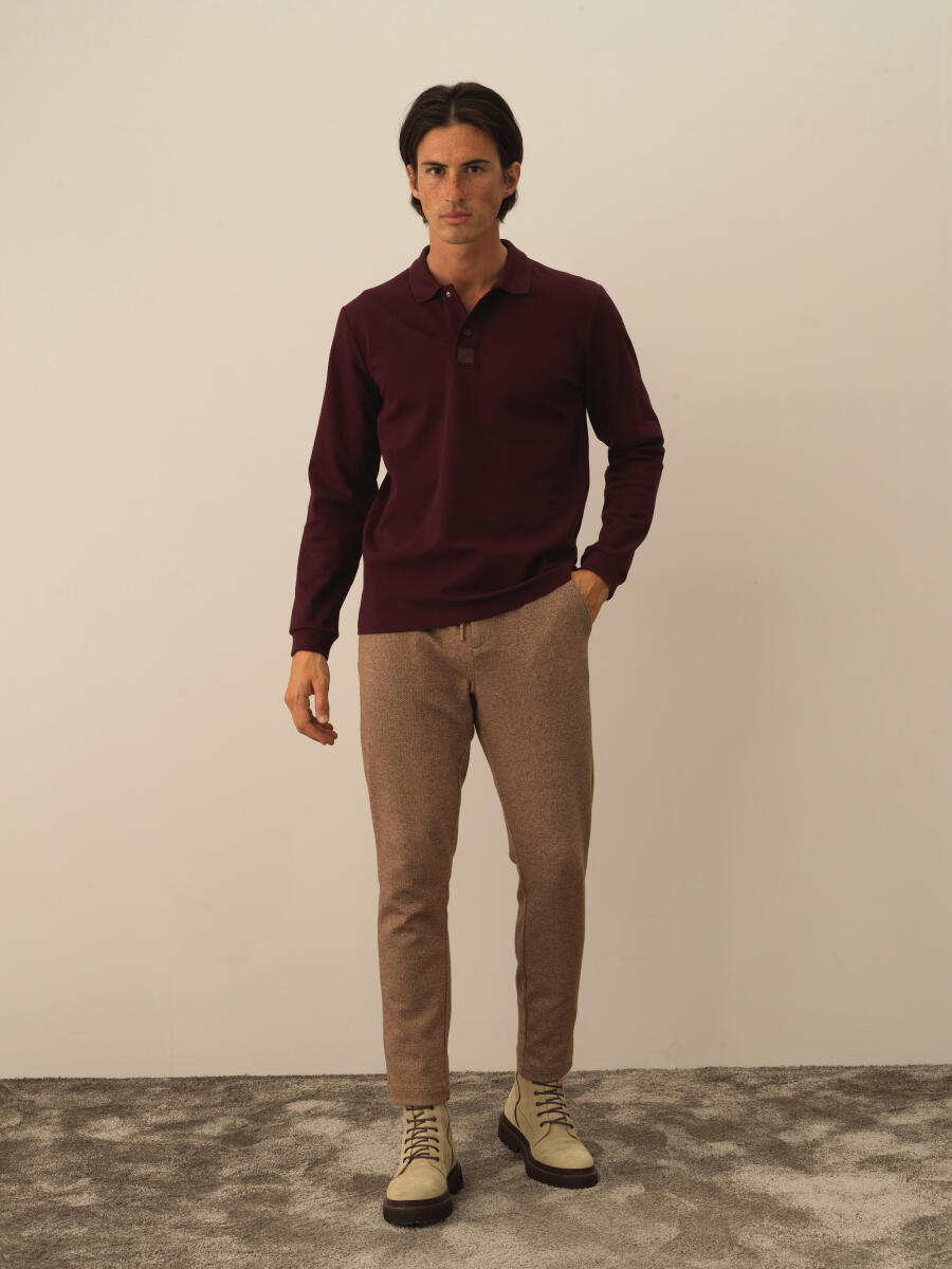 Bordo Pamuk Dokulu Slim Fit Uzun Kollu Tişört - 2