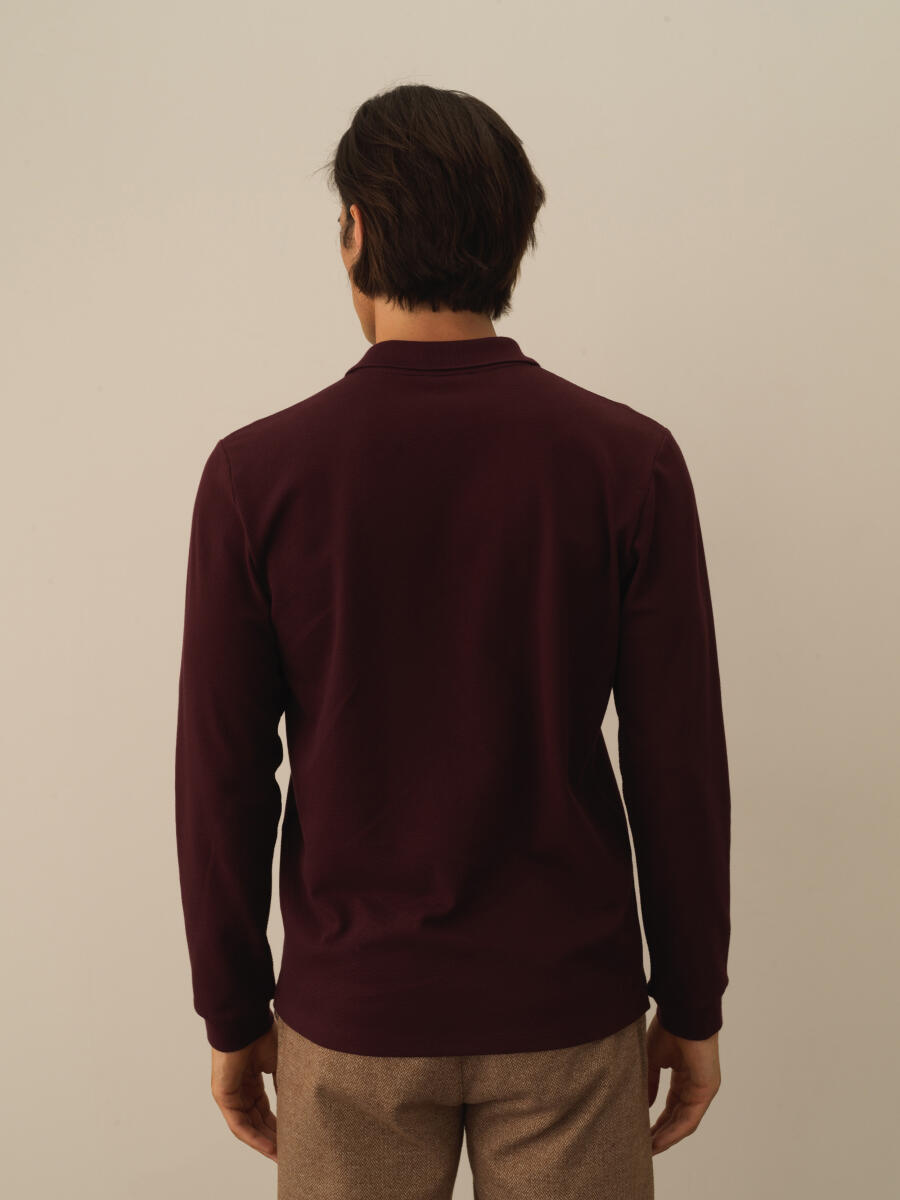 Bordo Pamuk Dokulu Slim Fit Uzun Kollu Tişört - 4