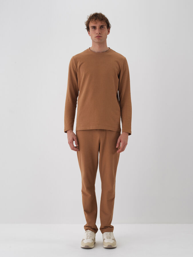 Camel Pamuk Dokulu Regular Fit Uzun Kollu Tişört - Xint