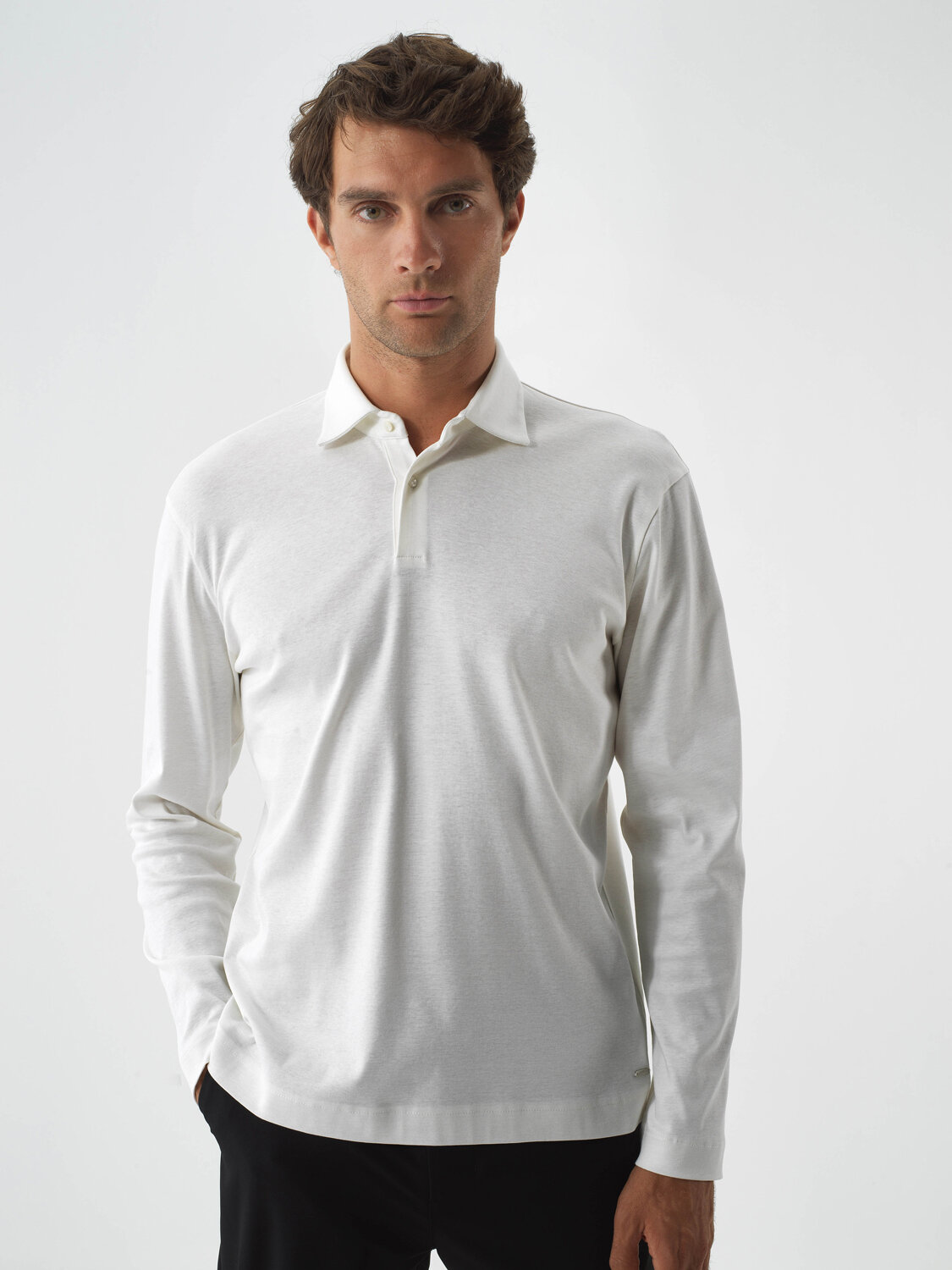 Ekru Lüks Merserize Dokulu Regular Fit Uzun Kollu Tişört - Xint