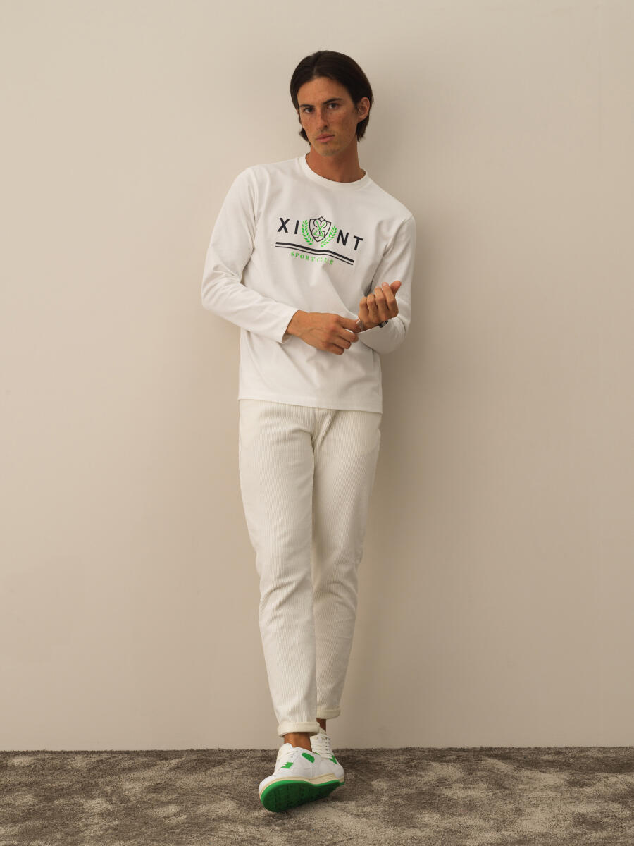 Kırık Beyaz Pamuk Dokulu Regular Fit Uzun Kollu Tişört - 2