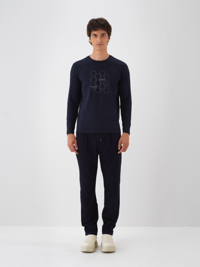 Lacivert Modal Dokulu Slim Fit Uzun Kollu Tişört - Xint