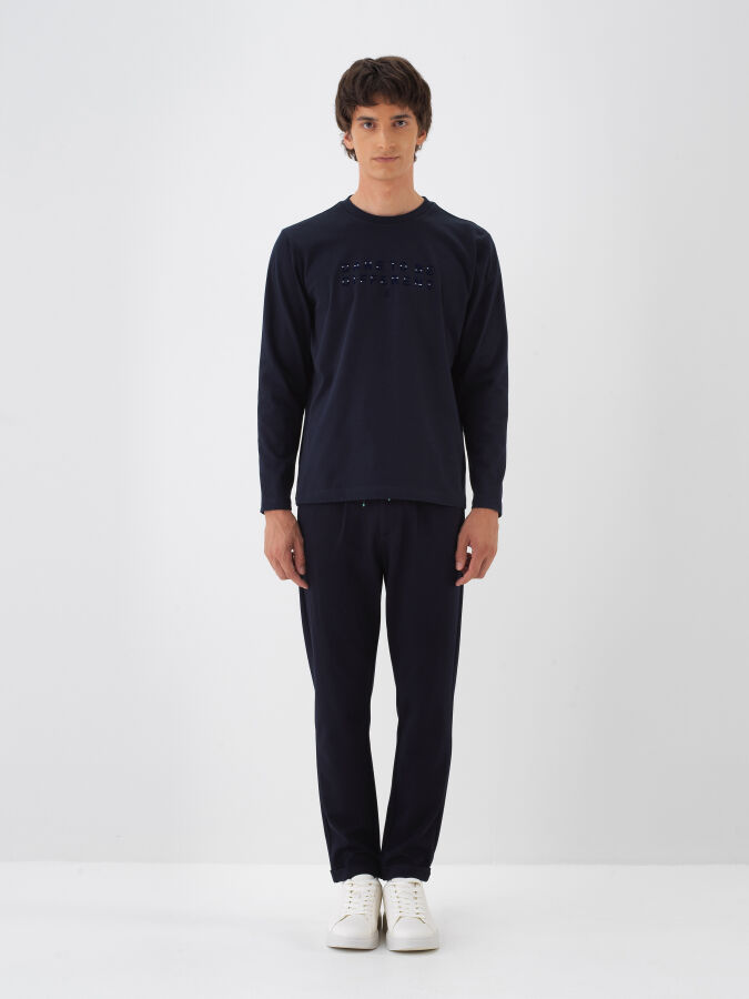 Lacivert Pamuk Dokulu Regular Fit Uzun Kollu Tişört - Xint