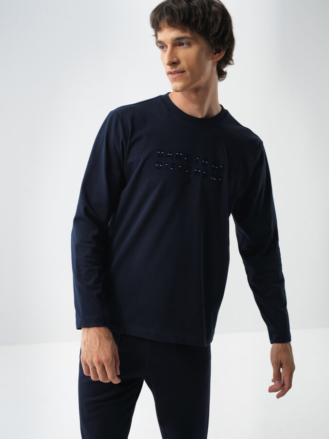 Lacivert Pamuk Dokulu Regular Fit Uzun Kollu Tişört - Xint