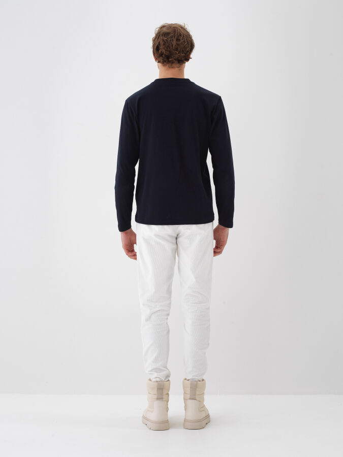 Lacivert Pamuk Dokulu Regular Fit Uzun Kollu Tişört - Xint