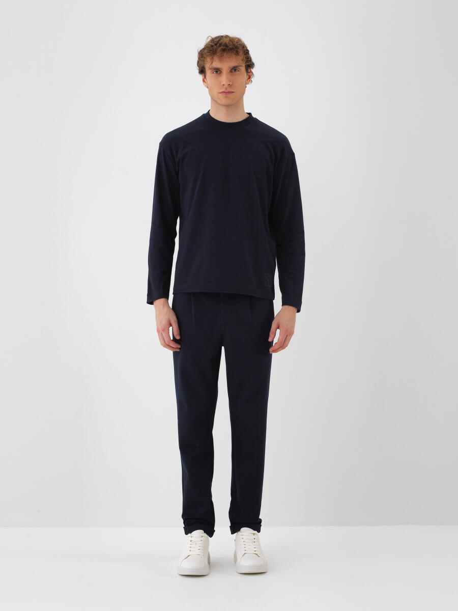 Lacivert Pamuk Dokulu Regular Fit Uzun Kollu Tişört - 2