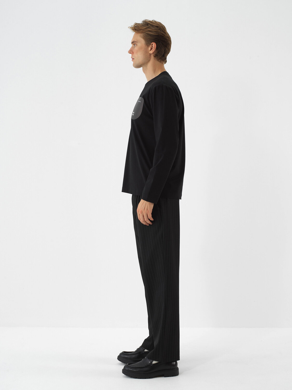 Siyah Pamuk Dokulu Regular Fit Uzun Kollu Tişört - Xint