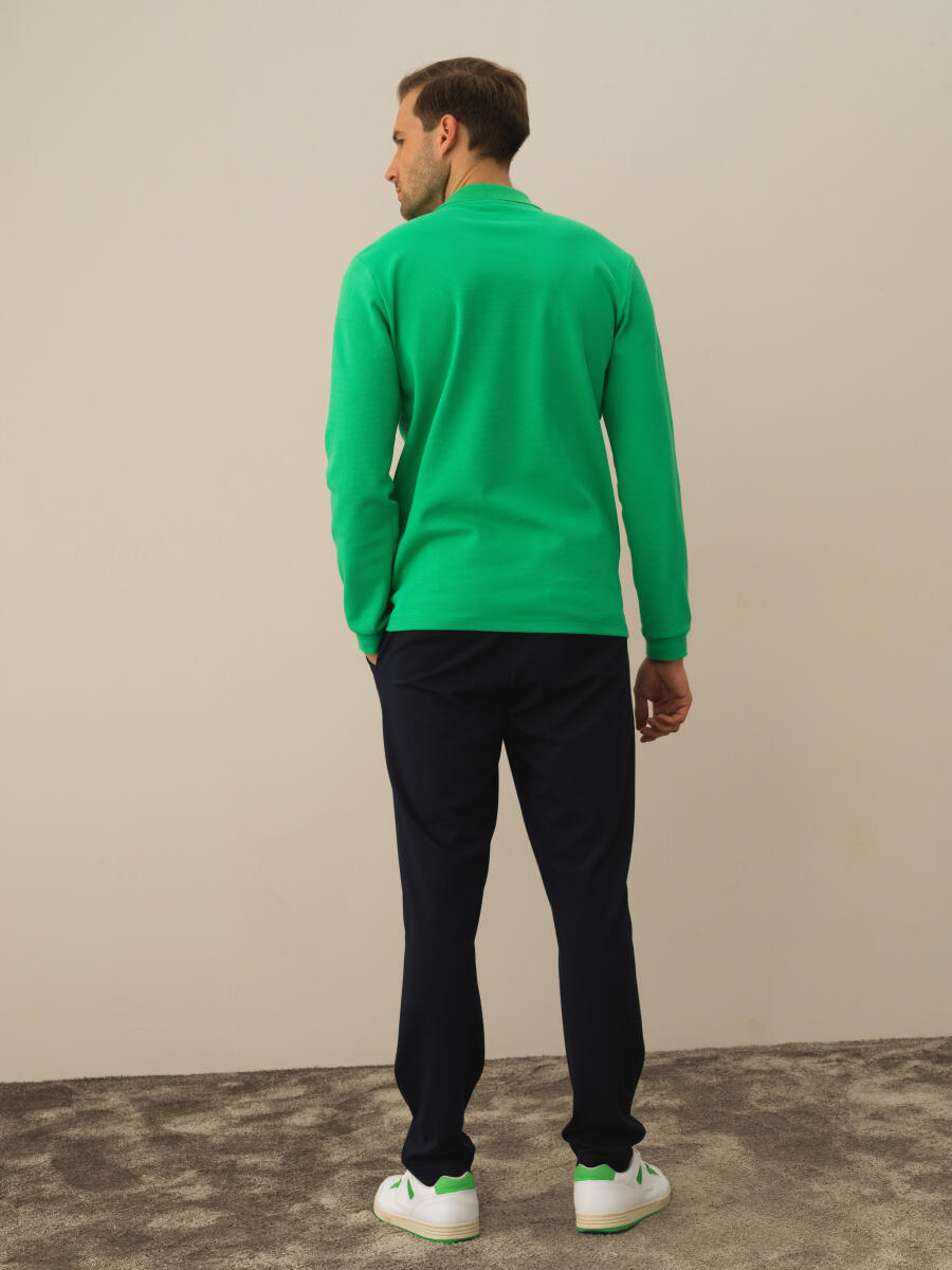 Yeşil Pamuk Dokulu Slim Fit Uzun Kollu Tişört - 5