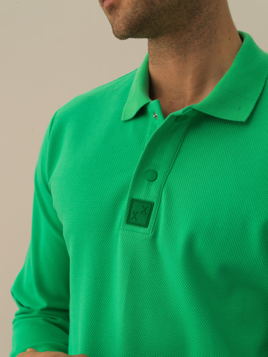 Yeşil Pamuk Dokulu Slim Fit Uzun Kollu Tişört - 3