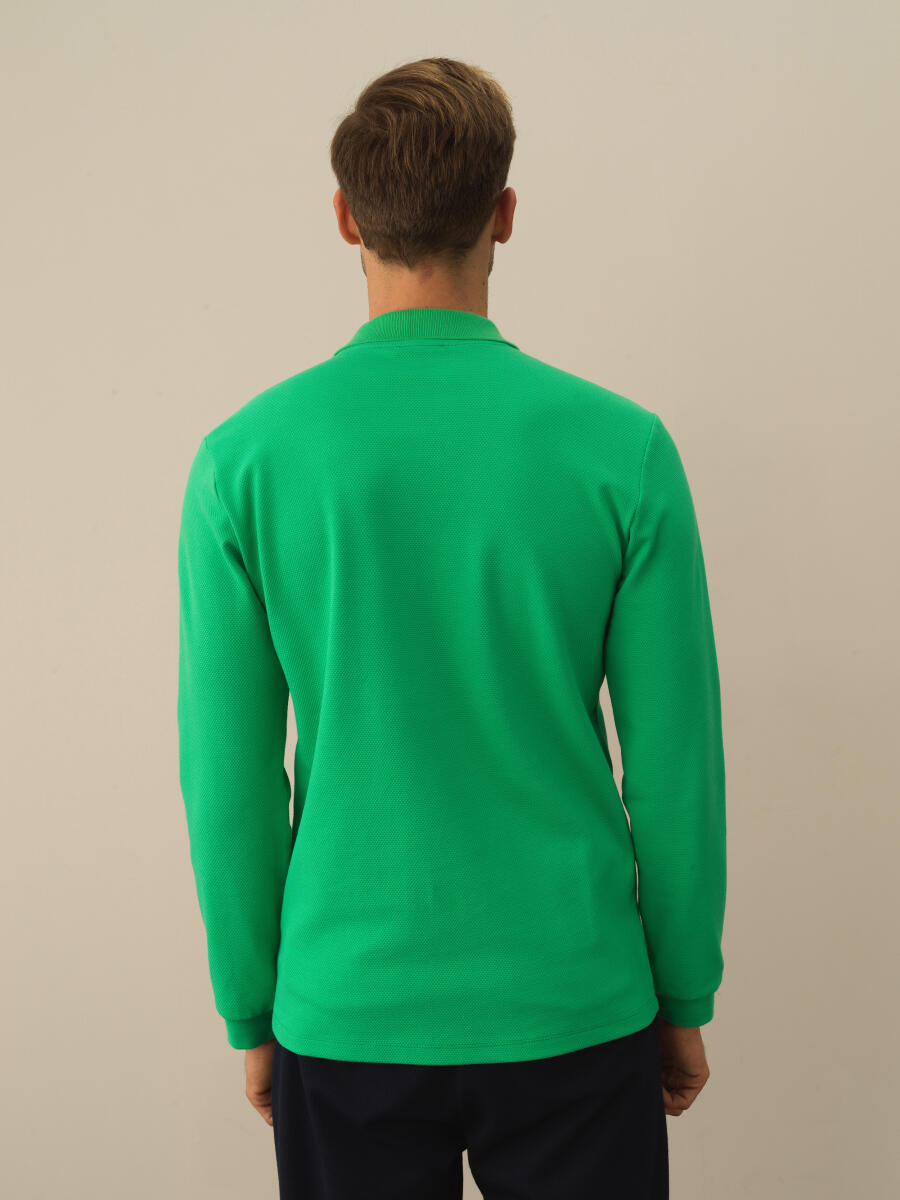 Yeşil Pamuk Dokulu Slim Fit Uzun Kollu Tişört - 4