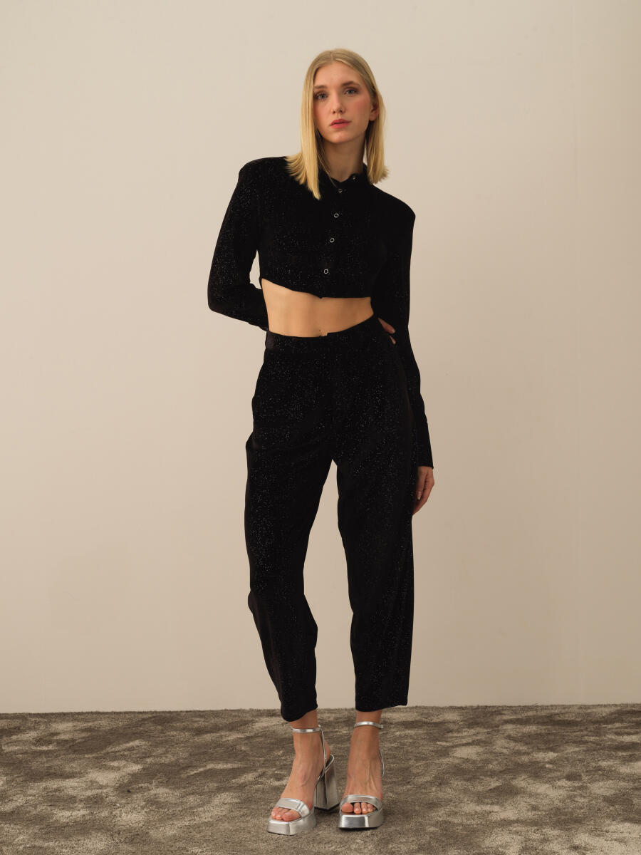 High Waist Oversized Shiny Textured Pants - 2