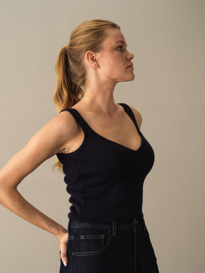 Lacivert Pamuk Dokulu Slim Fit Triko Basic Atlet - Xint