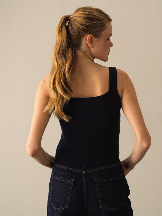 Lacivert Pamuk Dokulu Slim Fit Triko Basic Atlet - Xint