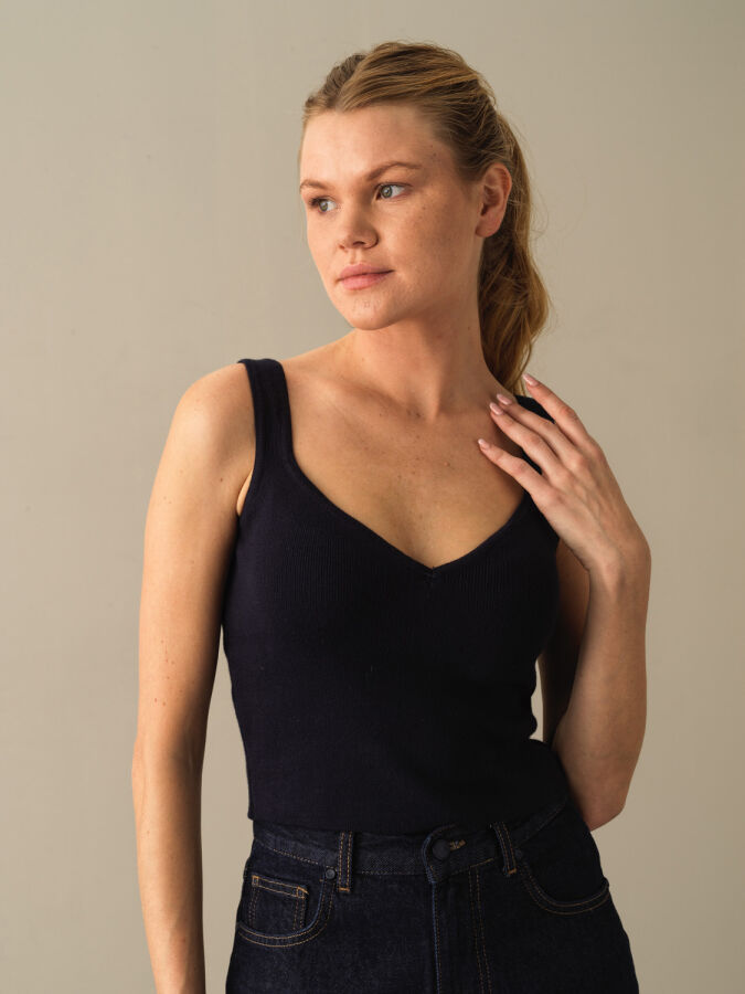 Lacivert Pamuk Dokulu Slim Fit Triko Basic Atlet - Xint