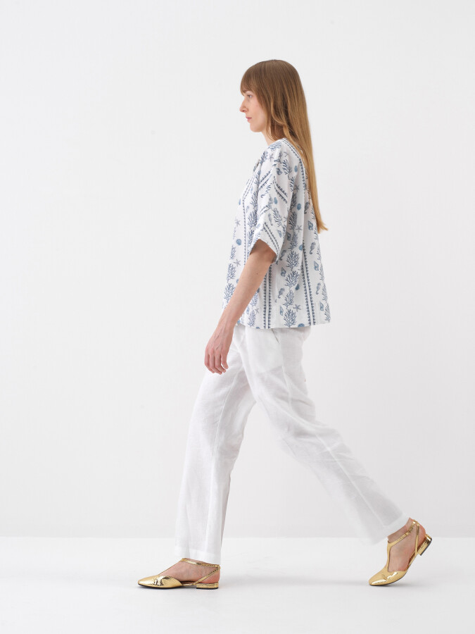 Beyaz Oversize Keten Bluz - Xint