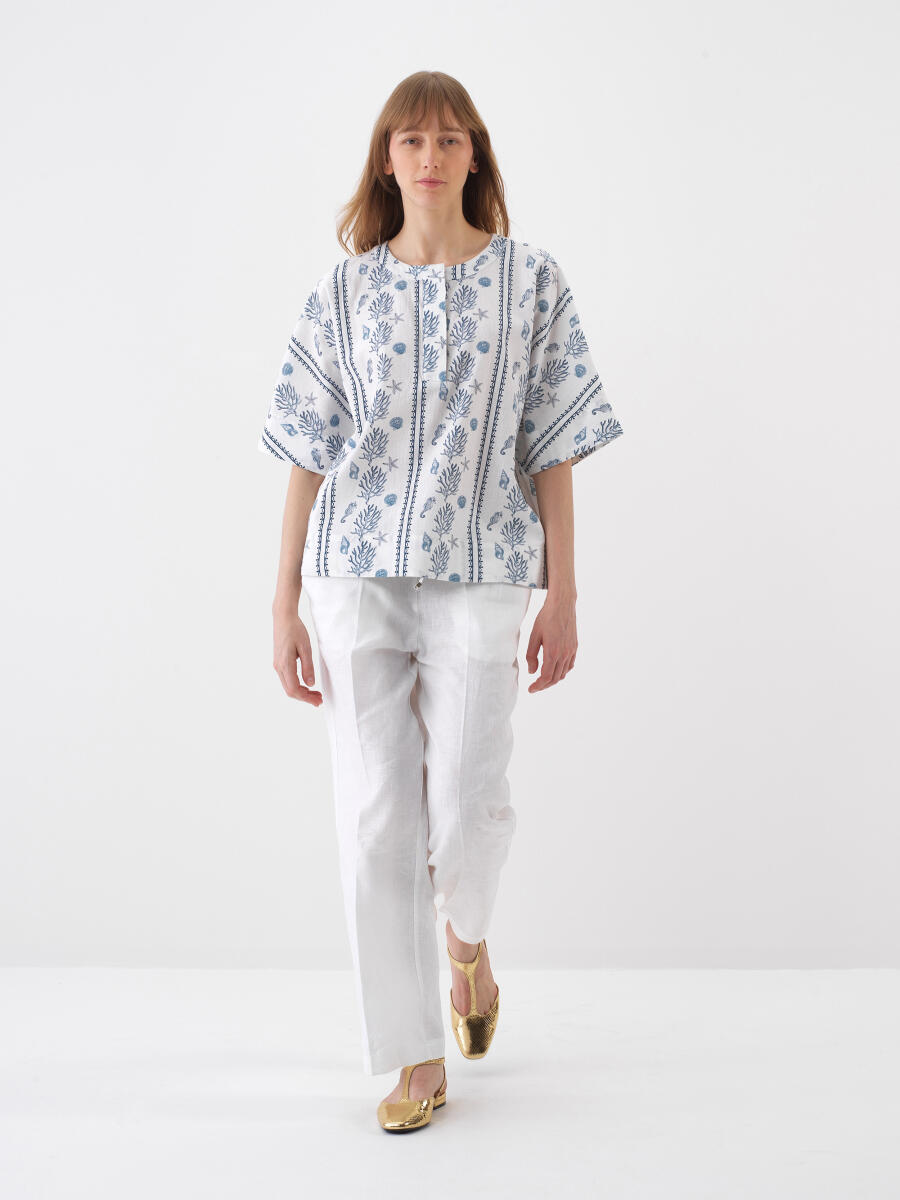 Beyaz Oversize Keten Bluz - 2