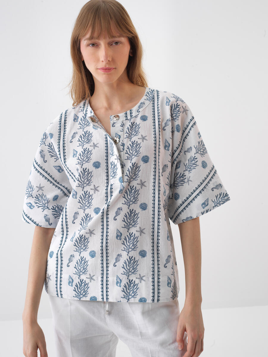 Beyaz Oversize Keten Bluz