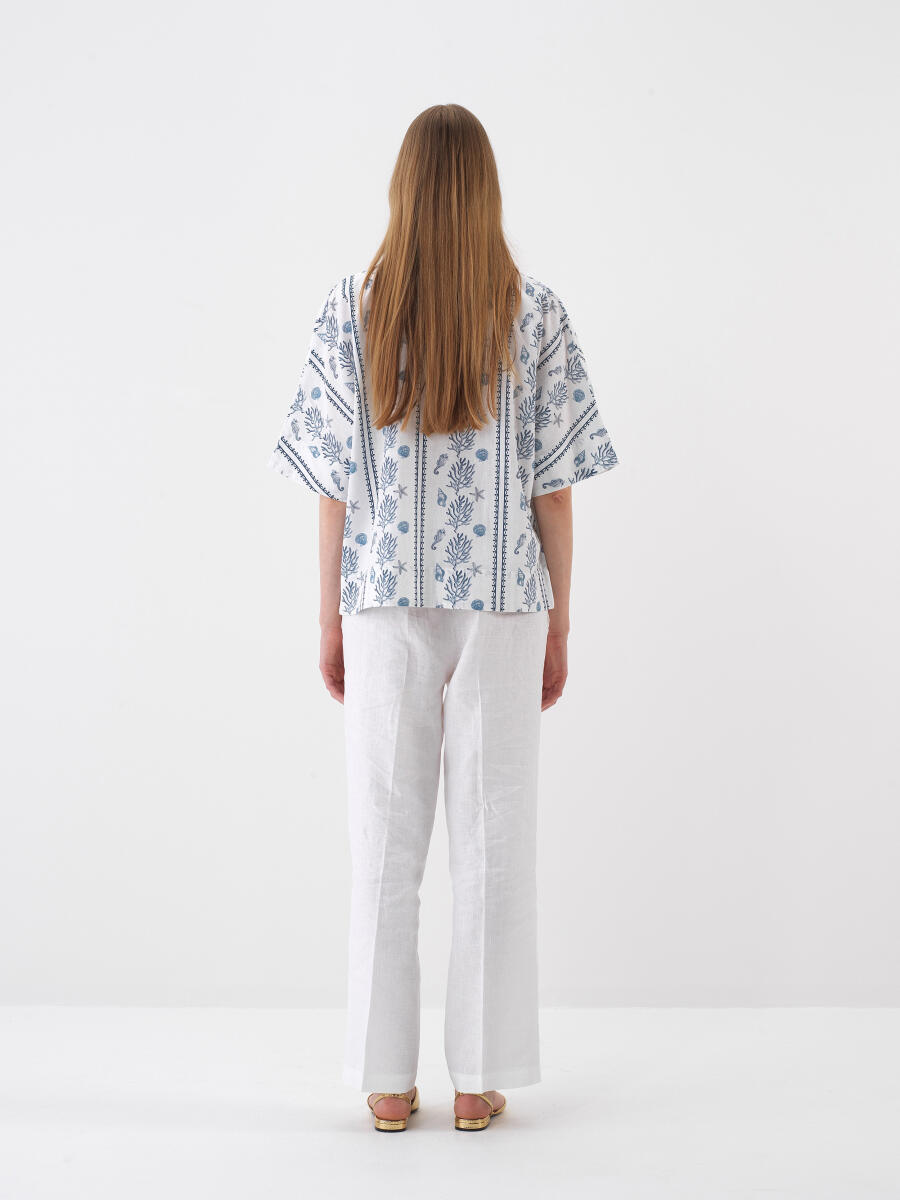 Beyaz Oversize Keten Bluz - 5