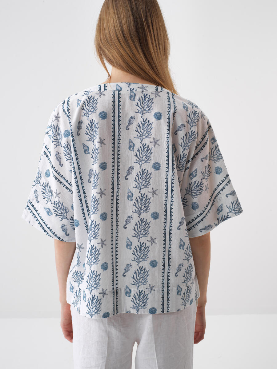 Beyaz Oversize Keten Bluz - 4