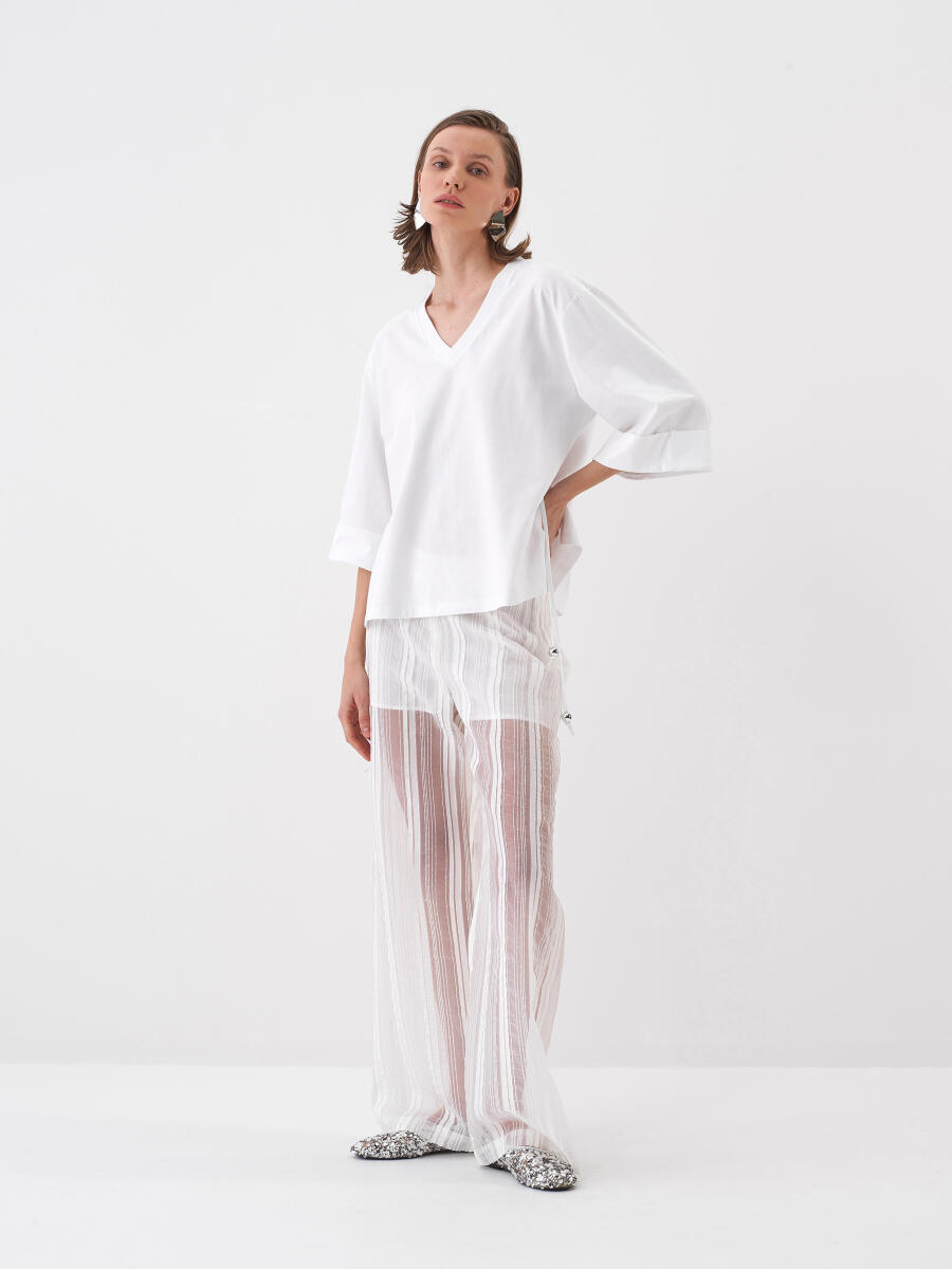 Beyaz Oversize Pamuklu Bluz - 2