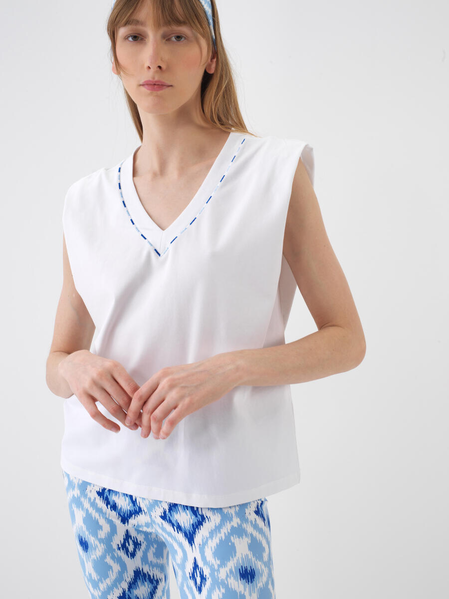 Beyaz Regular Fit Keten Bluz