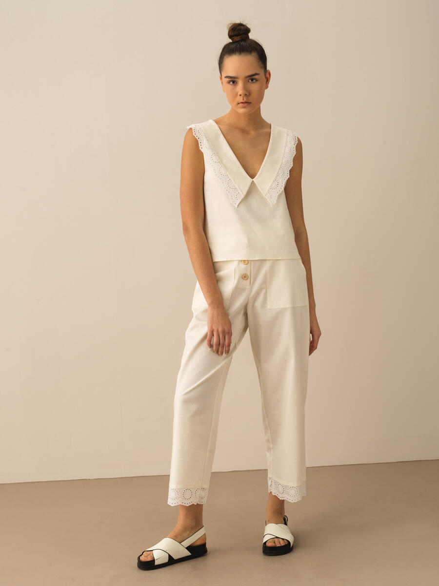 Beyaz Regular Fit Keten Bluz - 2