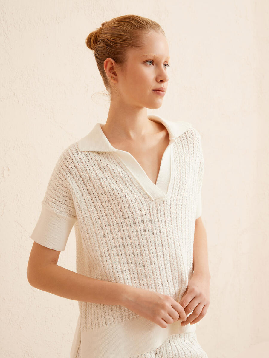 Ekru Regular Fit Pamuklu Polo Yaka Bluz - 3