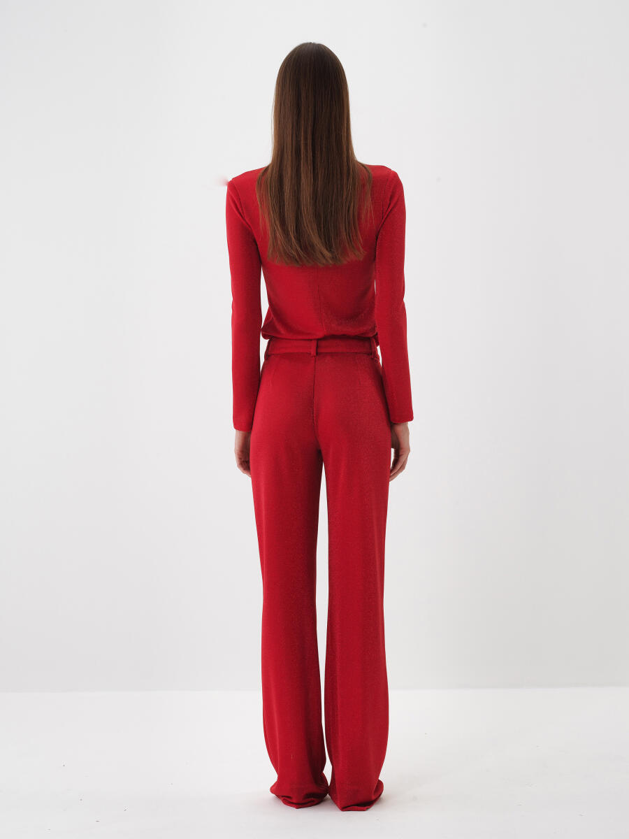 Kırmızı Işıltılı Sim Detaylı Regular Fit Bluz - 6