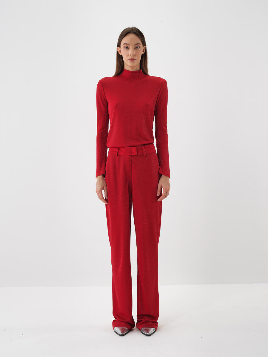 Kırmızı Işıltılı Sim Detaylı Regular Fit Bluz - 2