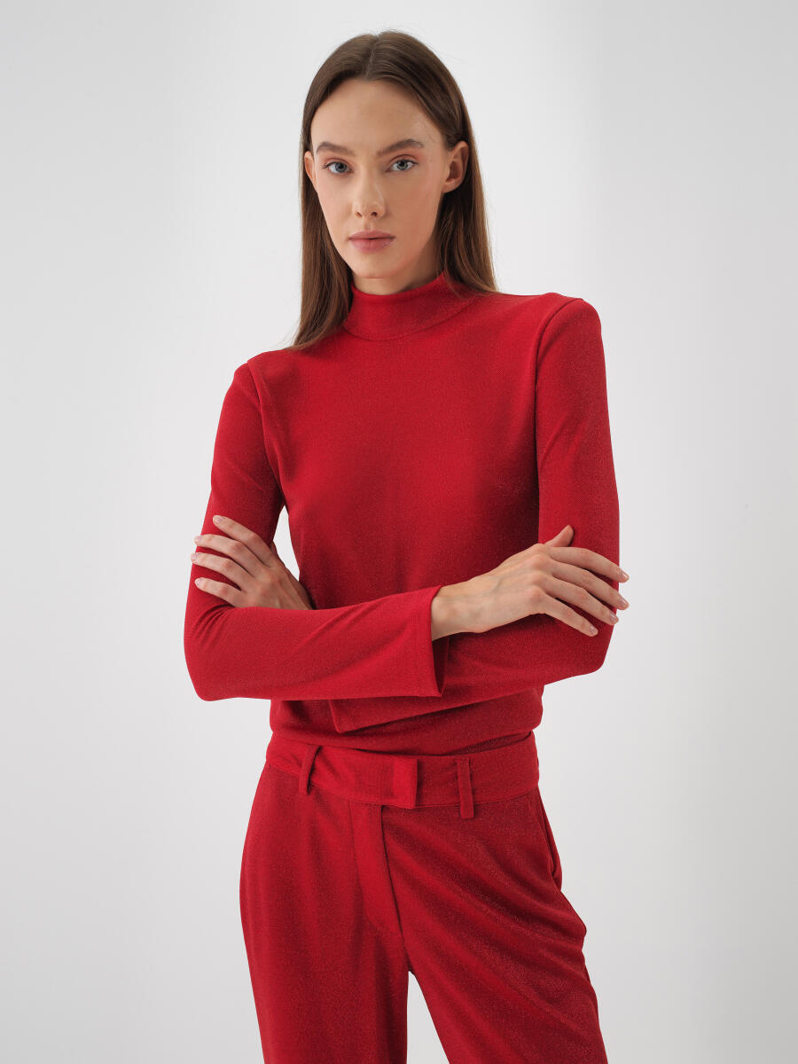 Kırmızı Işıltılı Sim Detaylı Regular Fit Bluz - 3