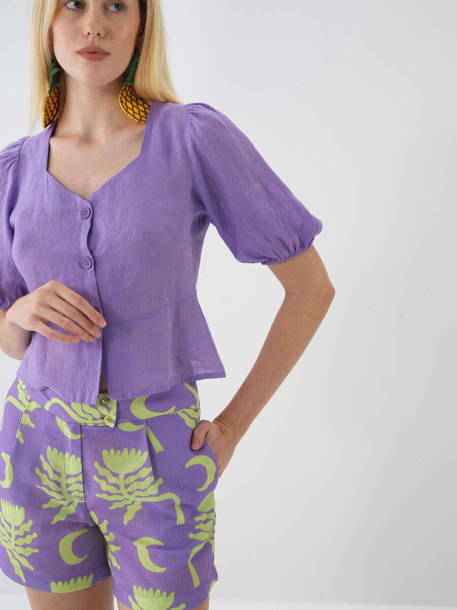 Lila Regular Fit Keten Bluz