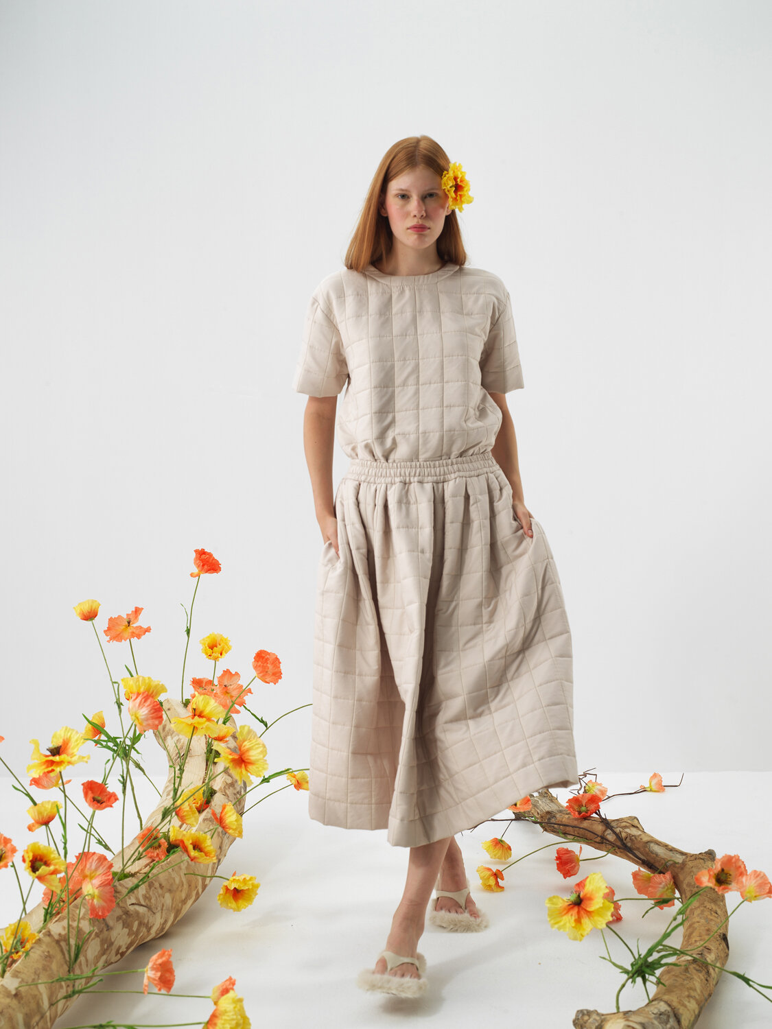 Naturel Kapitone Dokulu Oversize Bluz - Xint