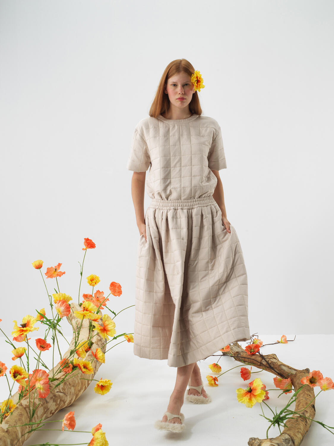 Naturel Kapitone Dokulu Oversize Bluz