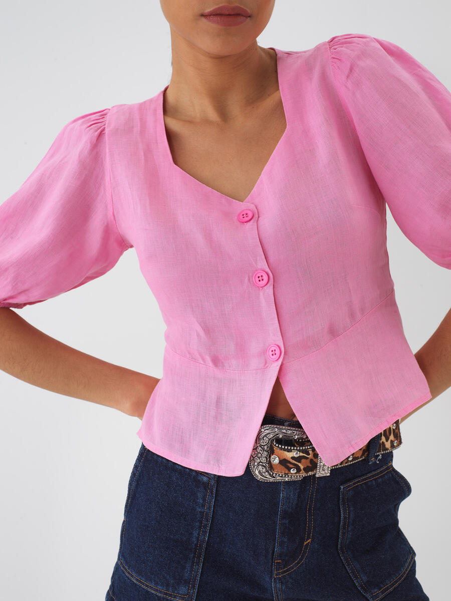 Pembe Regular Fit Keten Bluz