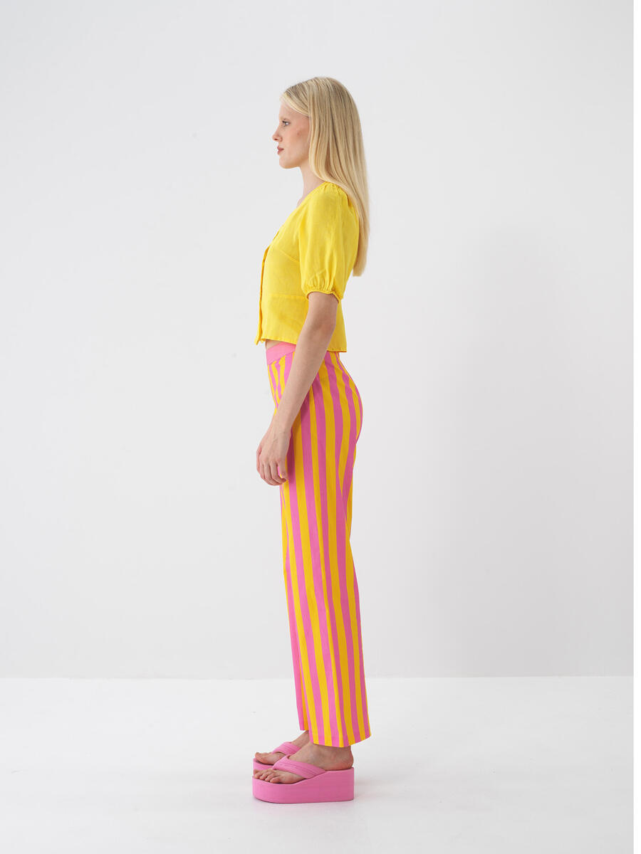 Sarı Regular Fit Keten Bluz - 4