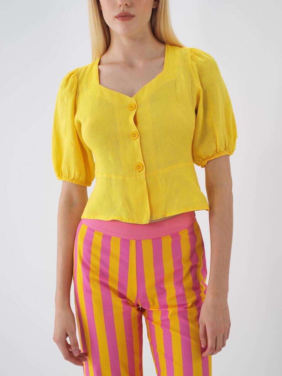 Sarı Regular Fit Keten Bluz