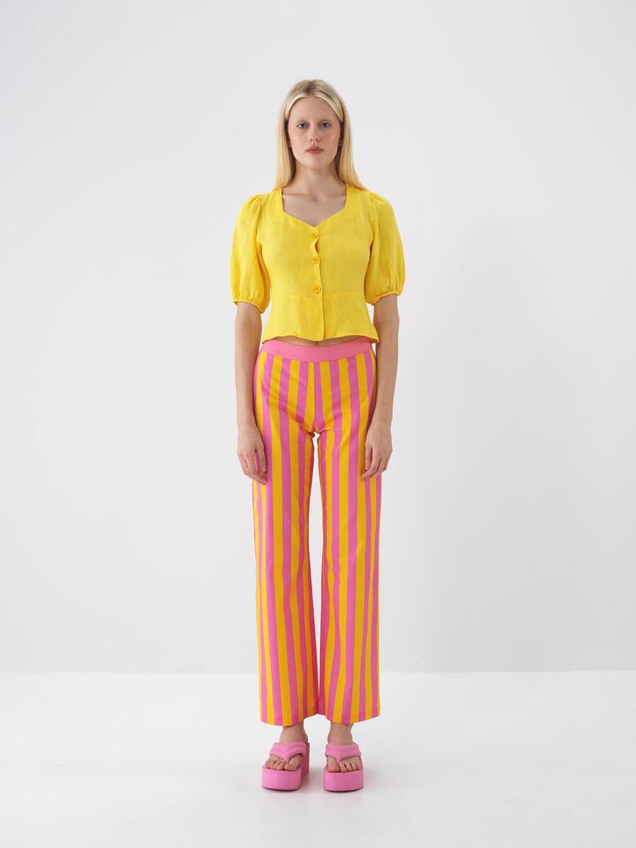 Sarı Regular Fit Keten Bluz - 2